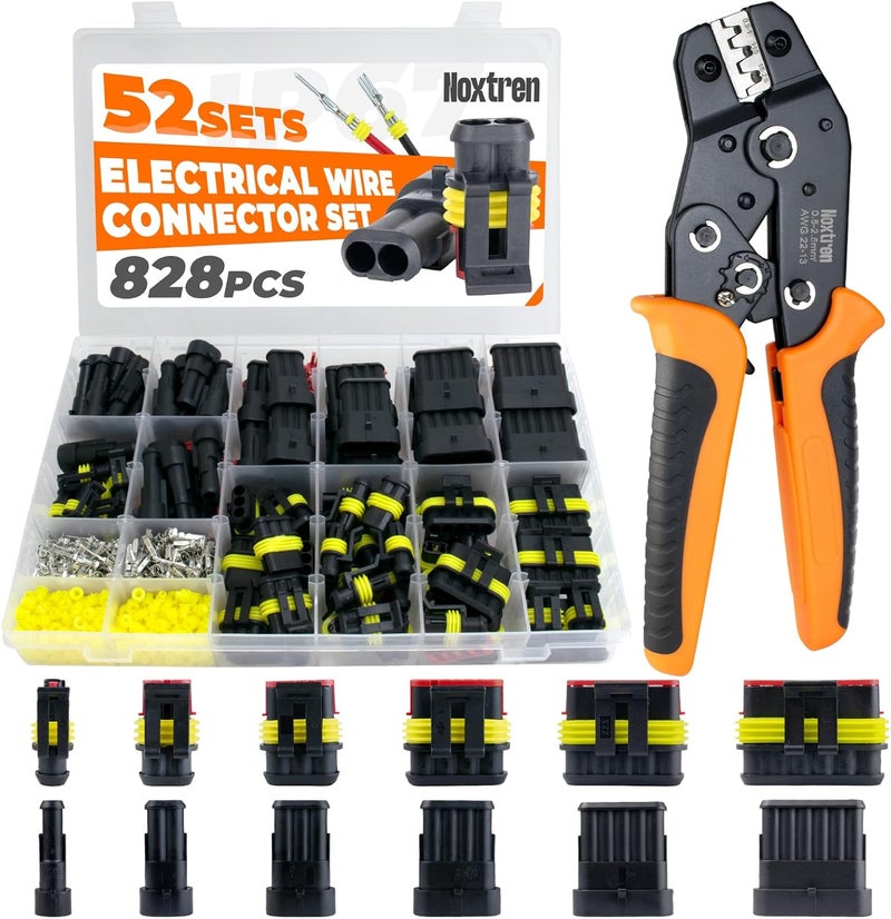 Noxtren 828Pcs 52 Sets Waterproof Automotive Electrical Wire Connectors with Ratcheting Wire Crimper, 1/2/3/4/5/6 Pin Plug Connectors Kit Water proof Connector - Image 1